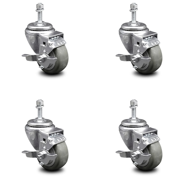 Service Caster 3.5 Inch Gray Polyurethane Swivel 3/8 Inch Threaded Stem Caster Set with Brake SCC-TS20S3514-PPUB-TLB-381615-4 - main